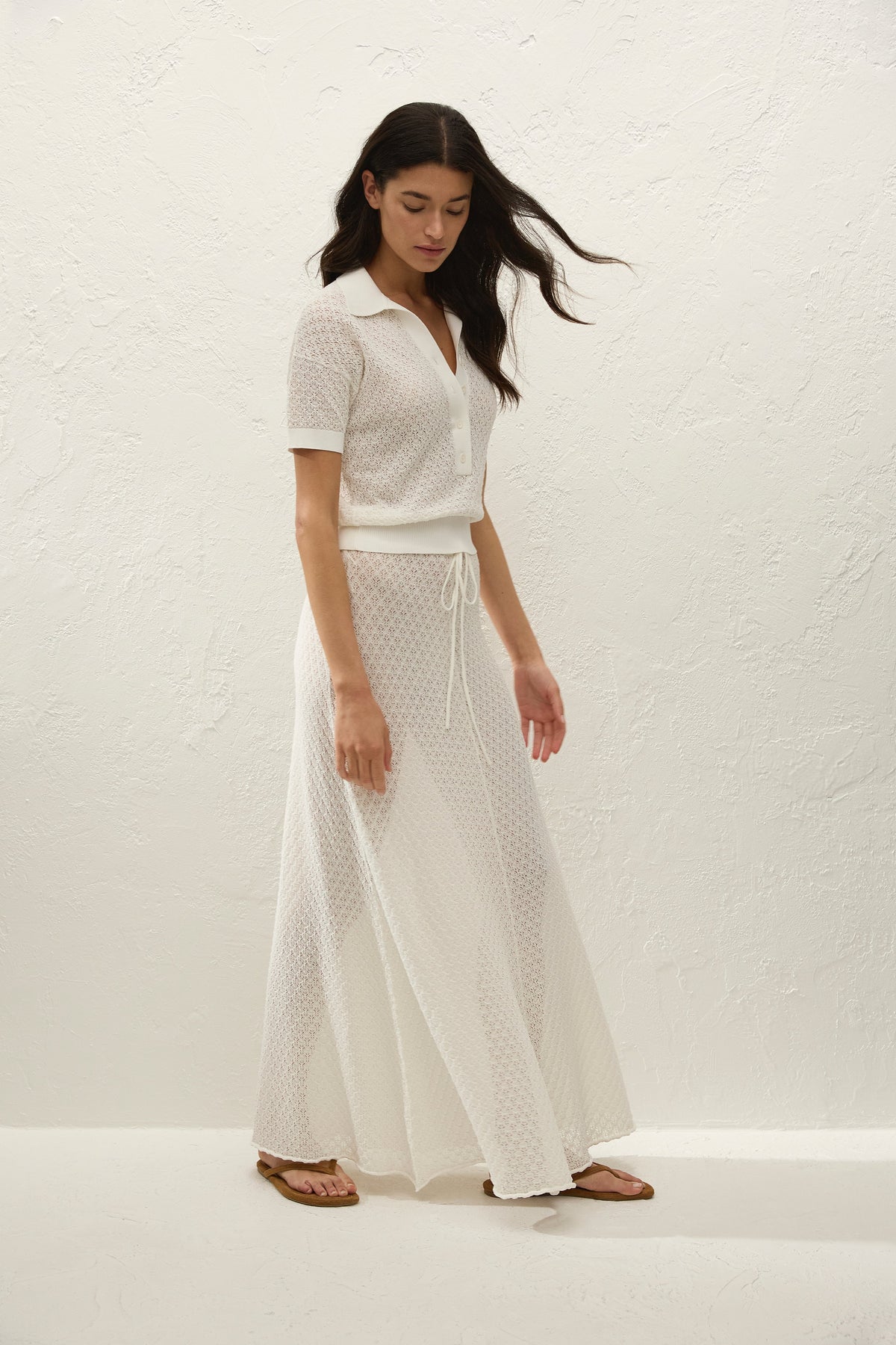 Lenna Polo Top Pointelle Lace Vintage White - Final Sale